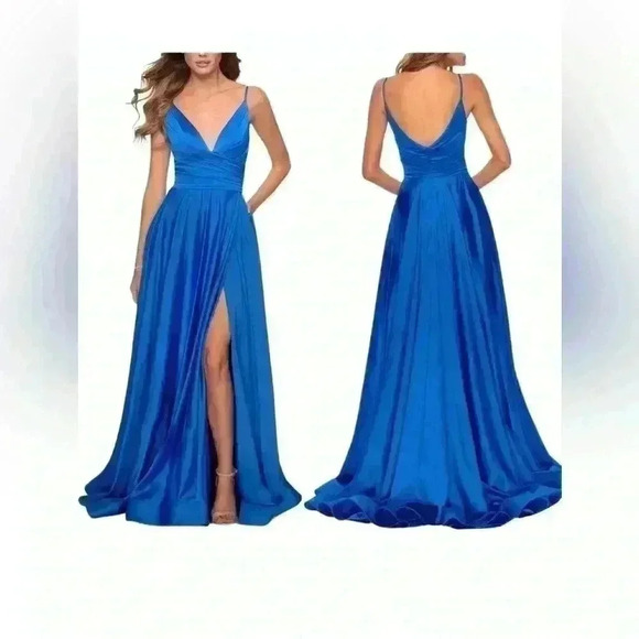 NEW La Femme Blue Sleeveless V-Neck High Leg Slit A-Line Gown size 10 - Picture 3 of 10